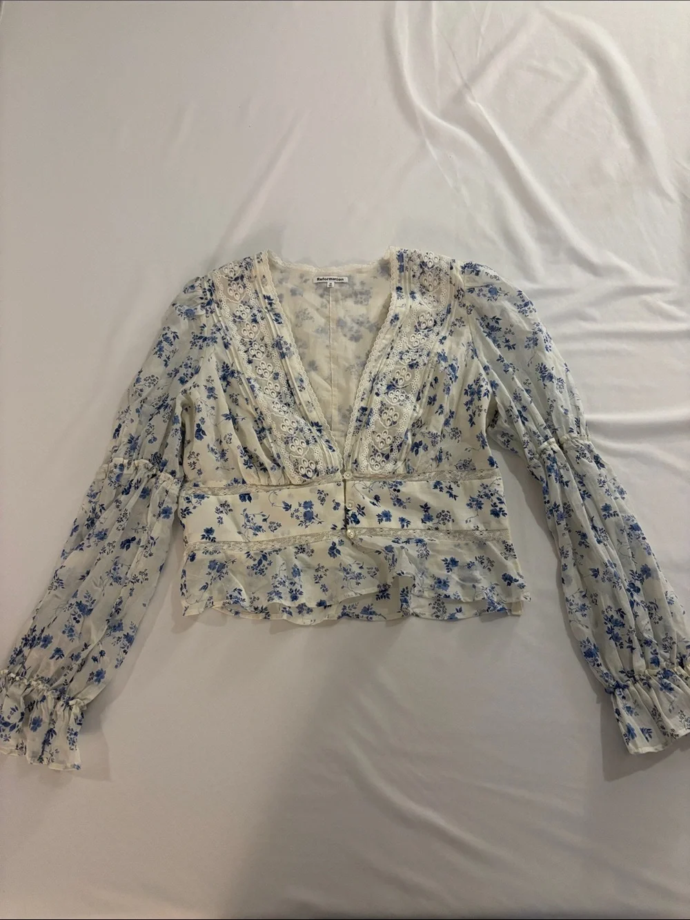 Reformation Cream Blouse with Blue Floral Print